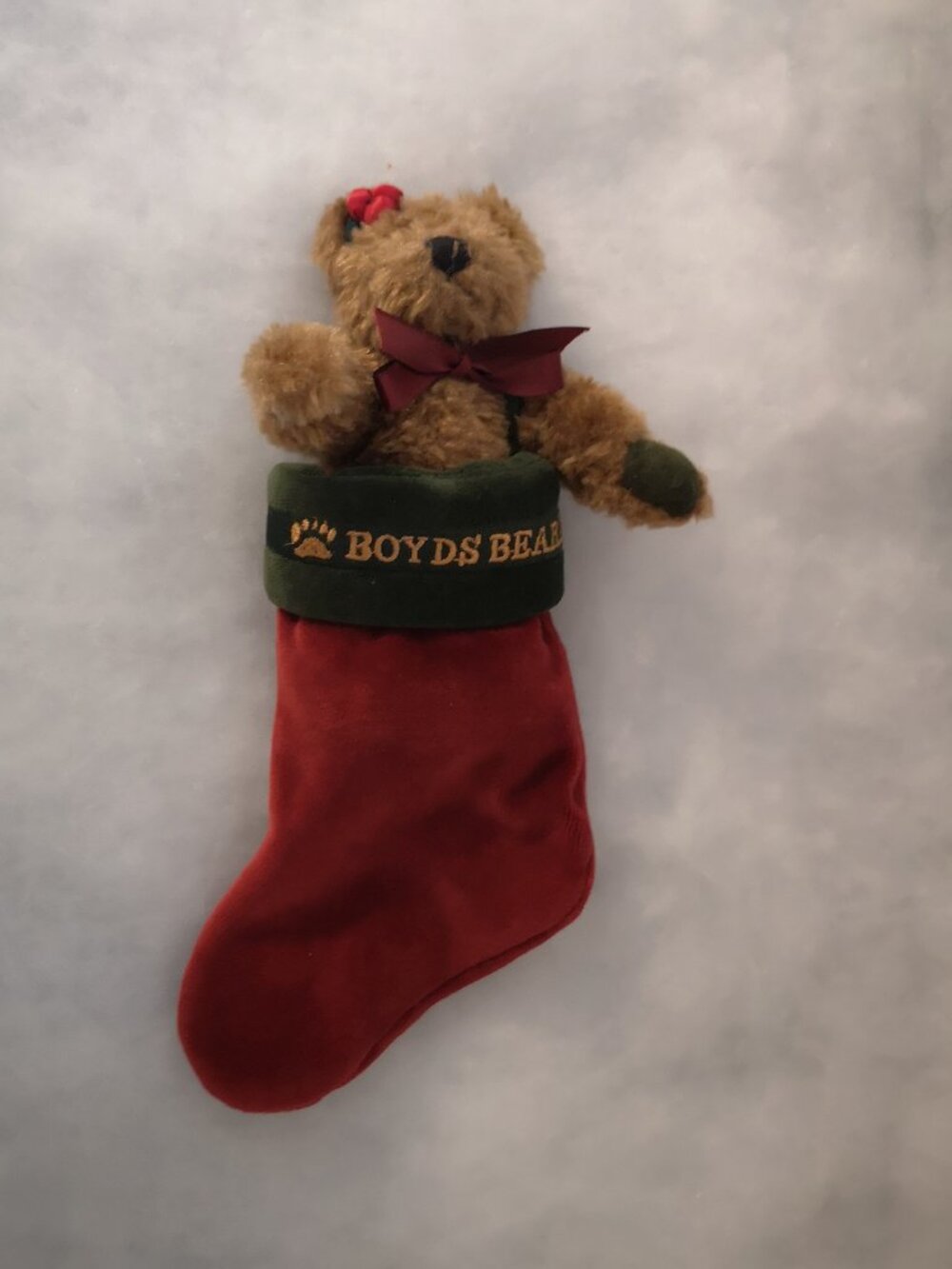 Boyds Bears "Felicity S. Elfberg" Plush Bear Nestled in a Red Velvet Stocking